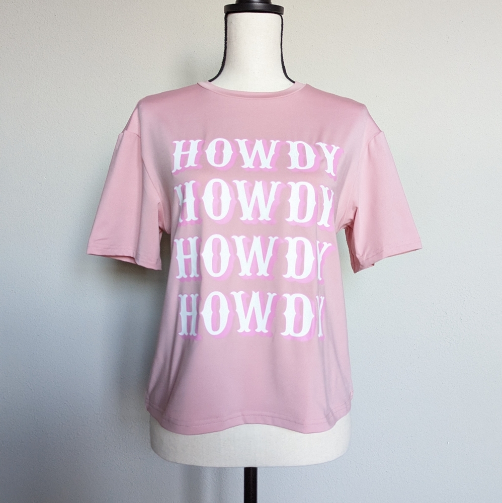 Pink and white western Howdy short sleeve tshirt top size M